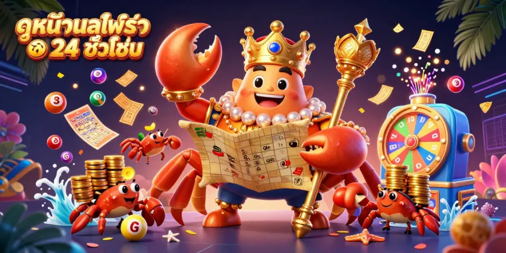Engage with ดูหนังออนไลน์ฟรี 24 ชั่วโมง: a vibrant 3D scene of a treasure-seeking crab emperor amid golden prizes and dynamic games.