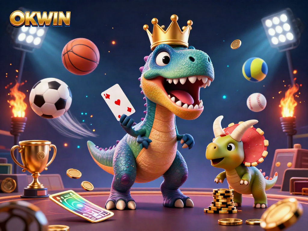 OKWIN showcases a dynamic illustration of a T-Rex shuffling cards at a gambling table, surrounded by colorful sports elements.