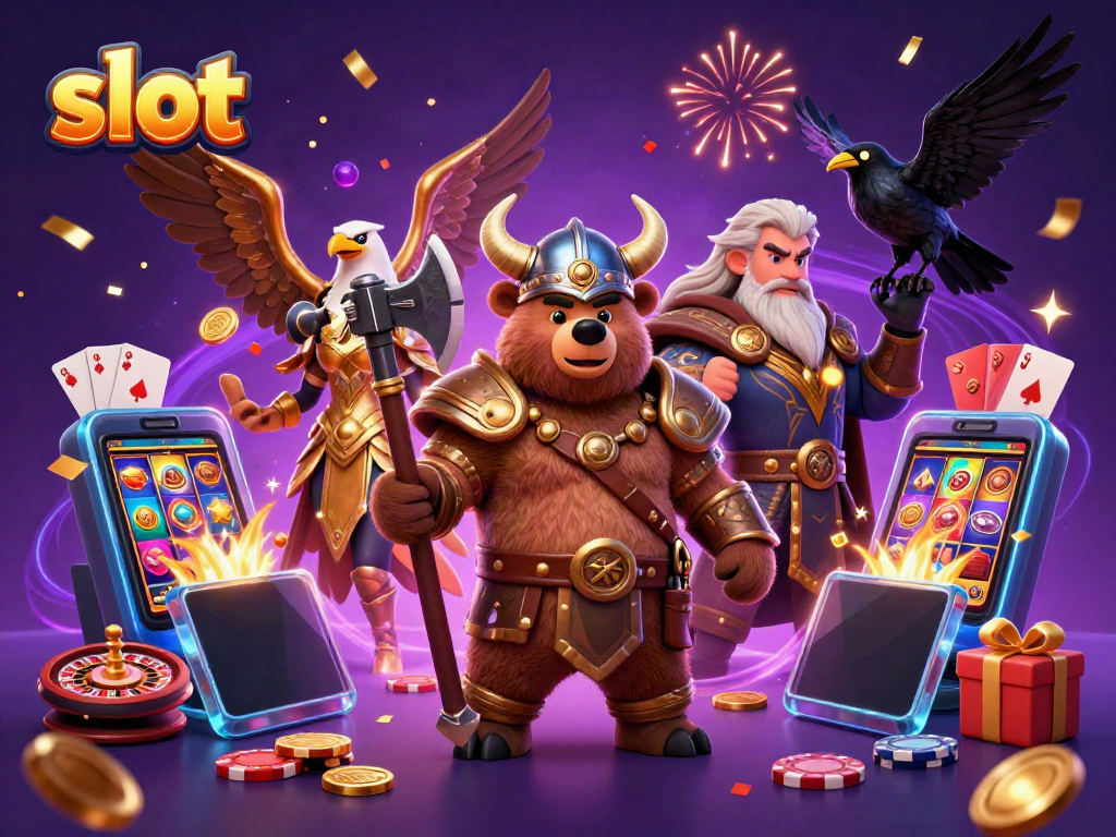 Engage with slot action amidst a vibrant scene featuring Viking-inspired characters, coins, and gaming elements.