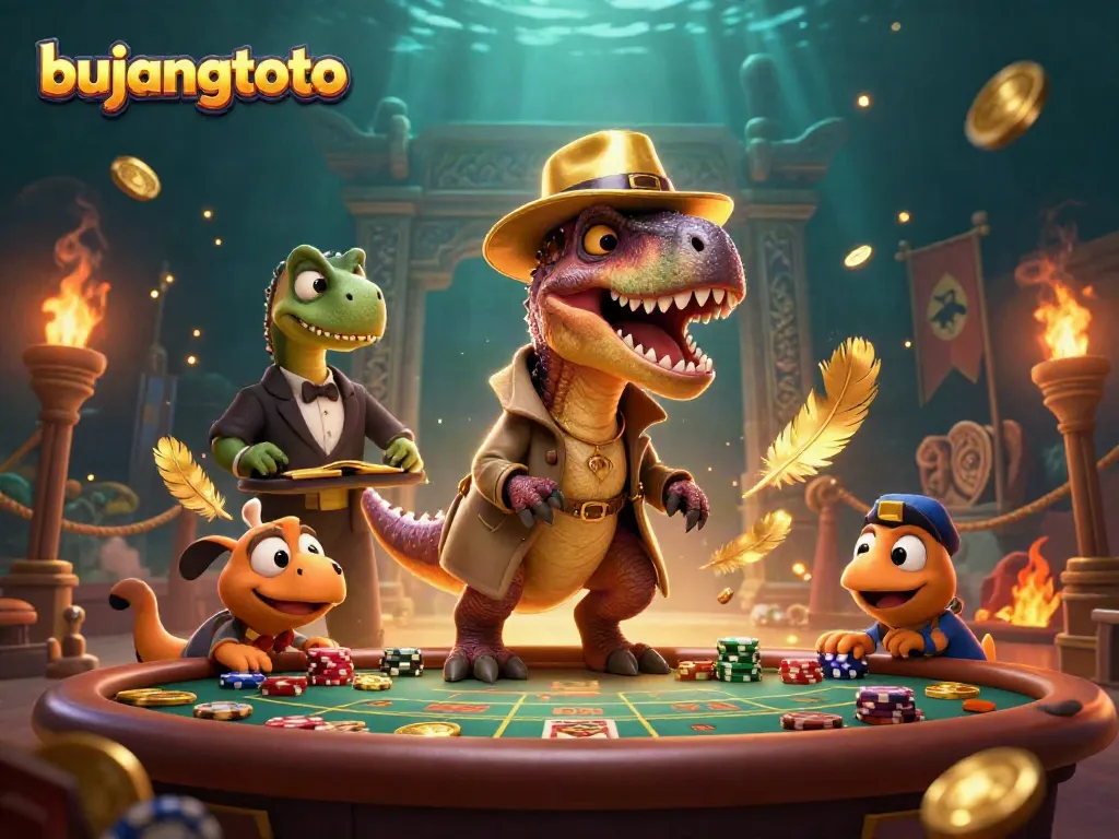 Experience thrilling action with bujangtoto featuring a velociraptor at a blackjack table, adding excitement to online gaming.