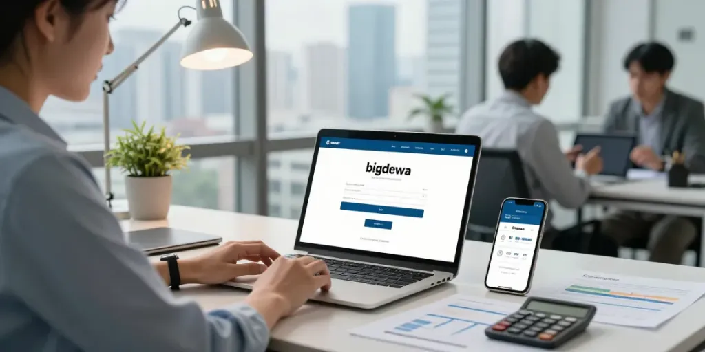 Easy access to bigdewa login on a modern office laptop highlighting digital banking.