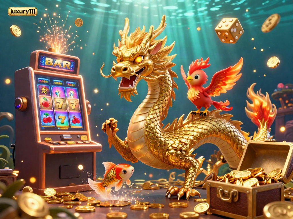 Experience gaming excitement with luxury111 in this vibrant scene featuring a golden dragon and dynamic casino elements.