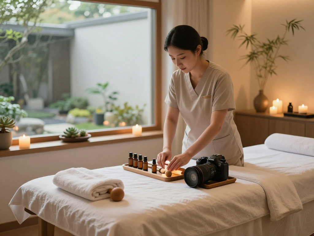 Relaxing massage therapy room preparation for 잠실출장마사지 with calming atmosphere and soothing elements