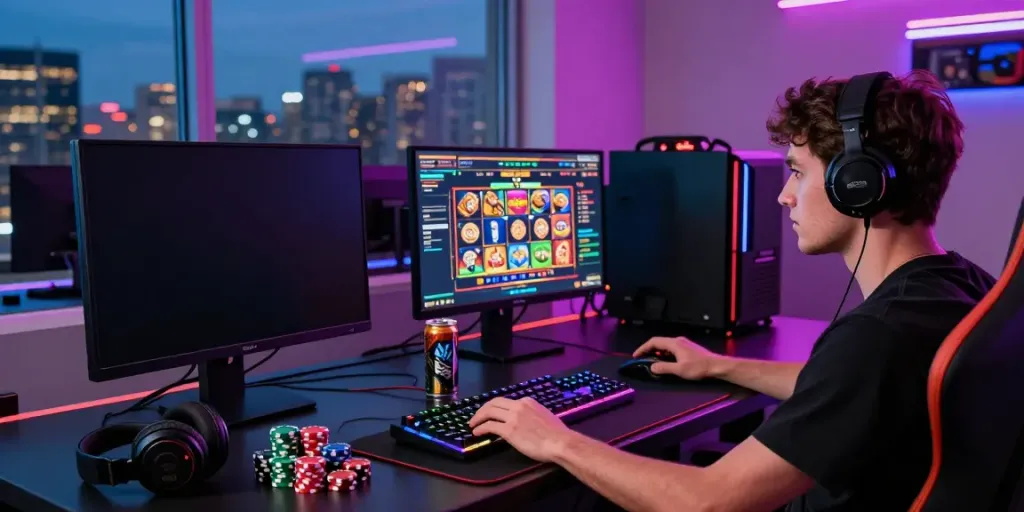 Engaging scene of a gamer playing toto slot online with vibrant lighting and gaming setup.