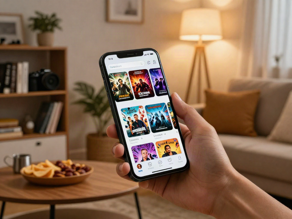 Engaging user exploring the filmyzilla APK on smartphone in cozy living room.