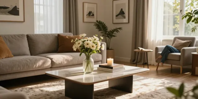Home The Spruce living room with modern sofa table, decorative items, and warm light.