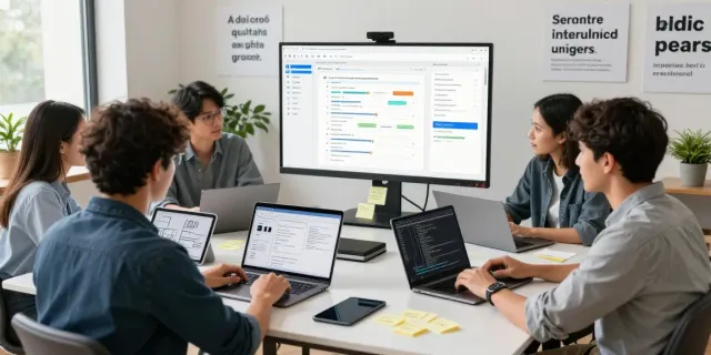Team working on an mvp development service project in a modern collaborative workspace with laptops, sketches, and interactive displays.