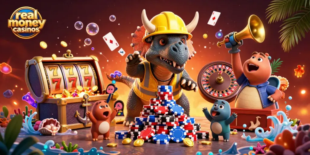 Explore real money casinos with a joyful 3D dinosaur scene celebrating big wins.