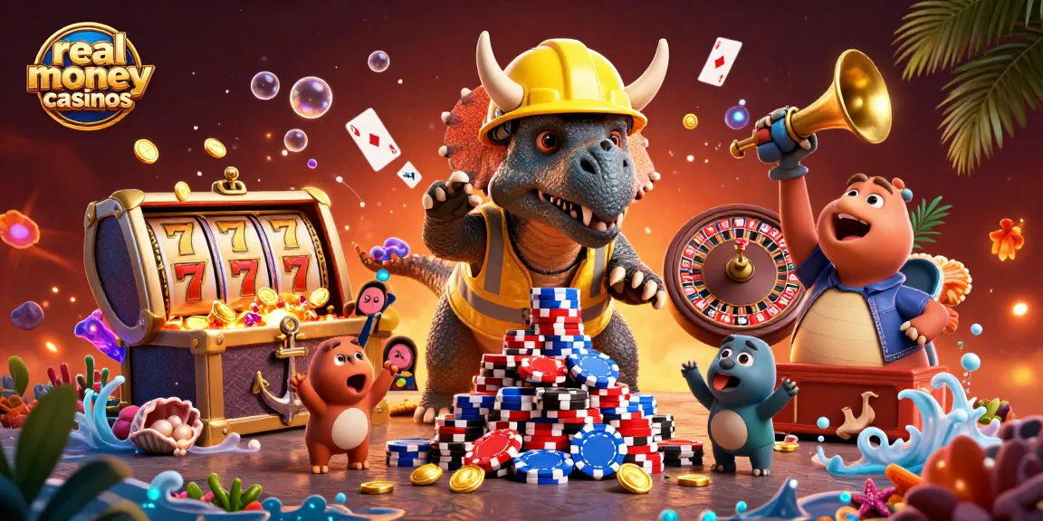 Explore real money casinos with a joyful 3D dinosaur scene celebrating big wins.