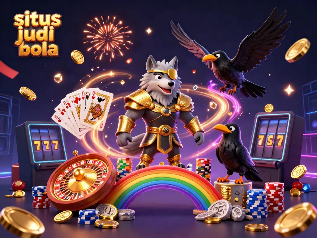 Experience the thrill with situs judi bola, showcasing a vibrant 3D scene filled with mythical characters and casino elements.