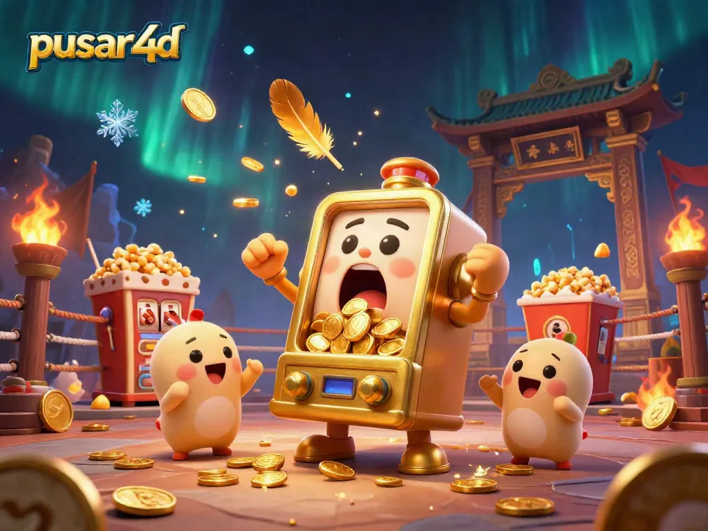 Pusar4d's winning moment with a golden slot machine hitting a jackpot, while smaller machines cheer.