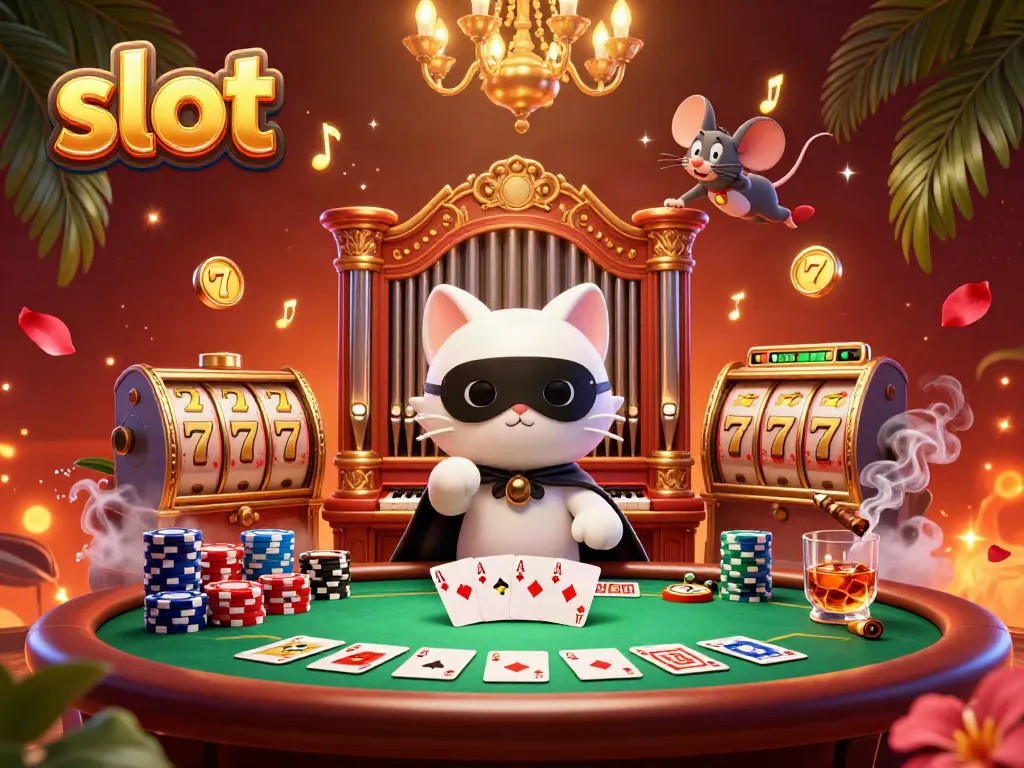 Engaging illustration of a slot scene featuring a charming white cat at a casino organ with vibrant game elements.