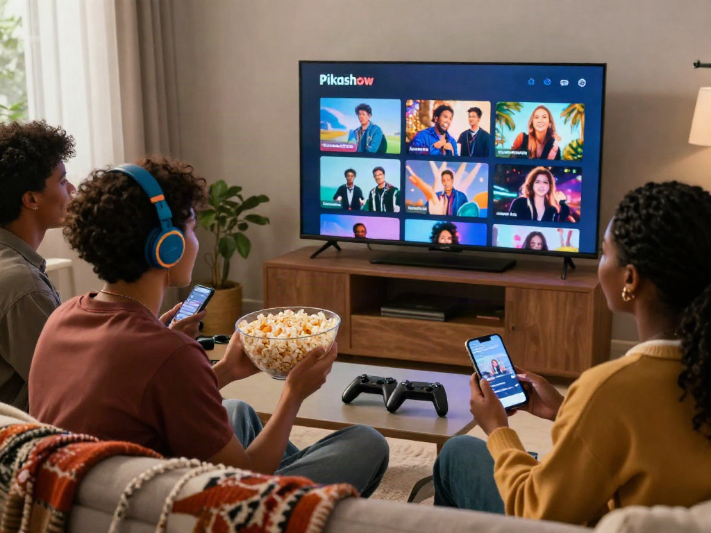 Pikashow streaming app displayed on a smart TV while friends enjoy a movie night.