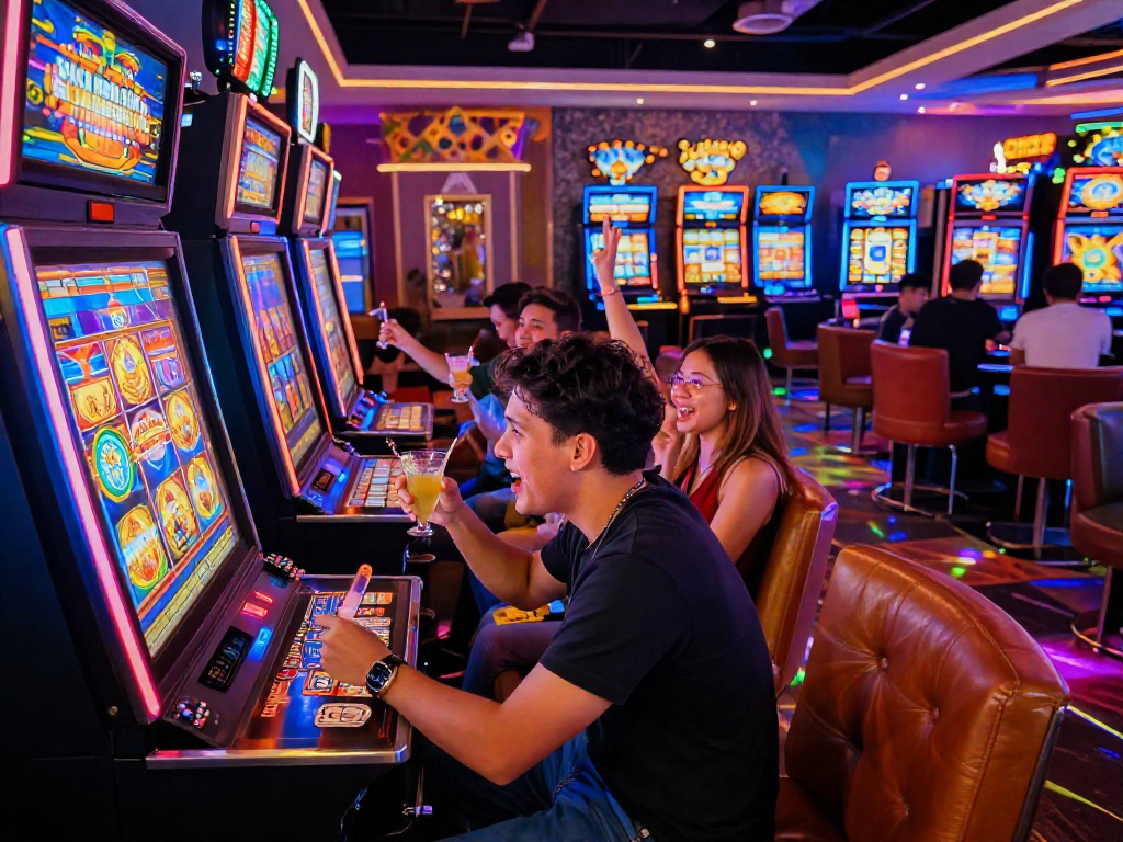 A lively group enjoying various slot machines in a vibrant casino hall, highlighting situs gacor gaming experience.