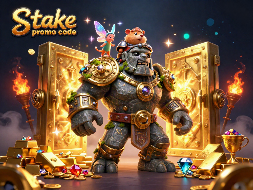 Claim your bonus with the stake.us promo code in a dynamic casino adventure scene.