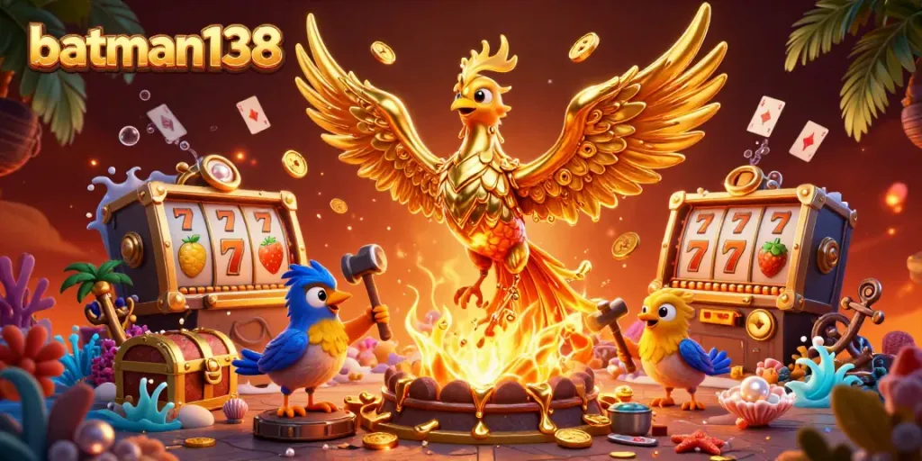 Experience thrilling gameplay with batman138's golden phoenix amidst flowing coins and vibrant slot elements.