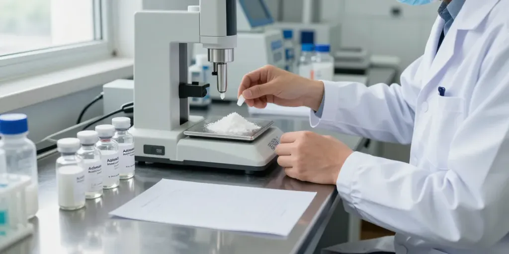 Scientist analyzing Adamax peptides in a professional lab setting