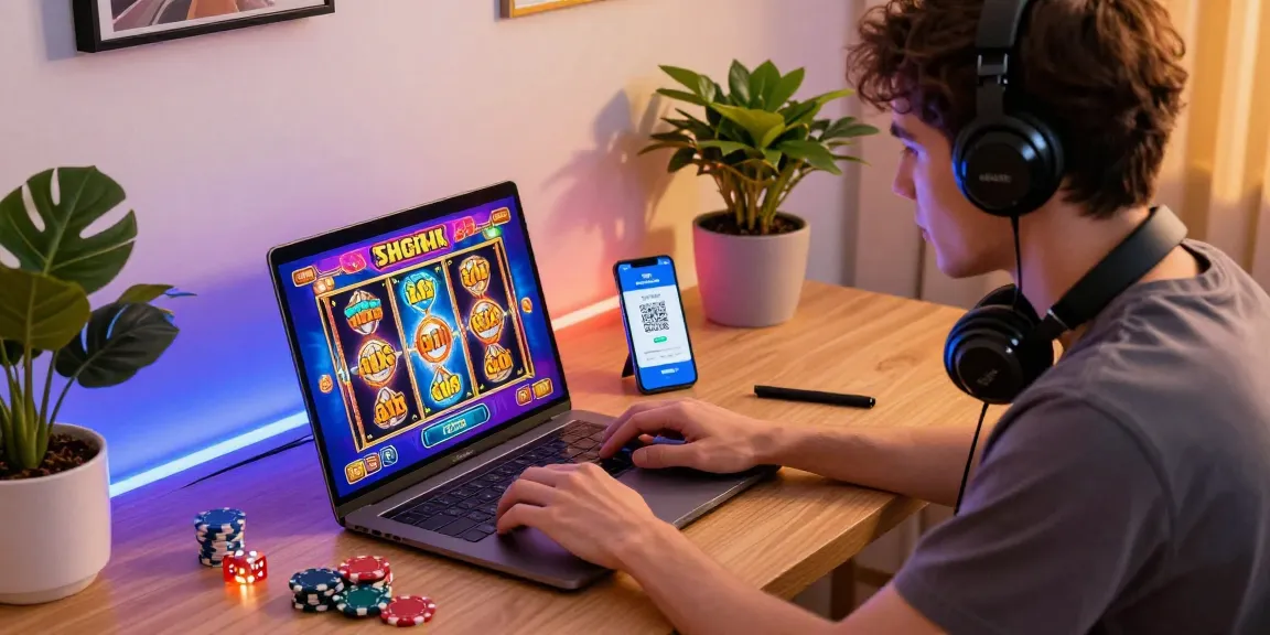Engaging dynamic scene showing a player using link slot depo 10k at an online casino with QRIS payment.
