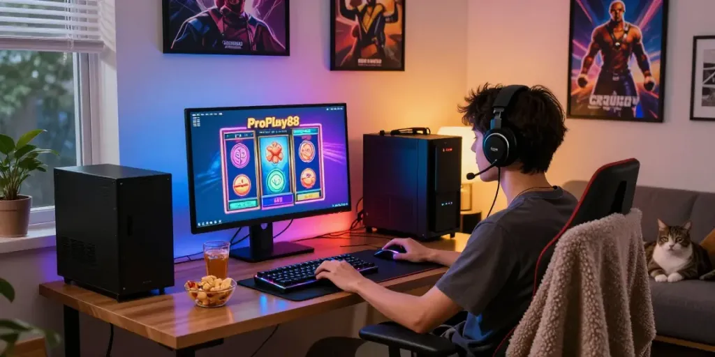 link alternatif proplay88 gamer enjoying a vibrant online slot experience at home