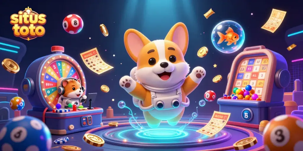 Experience the exciting environment of situs toto with a fun astronaut corgi and vibrant lottery elements.