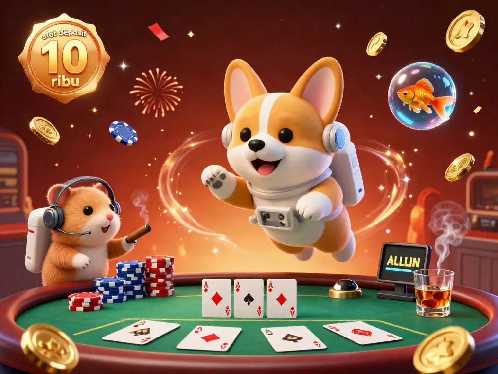 Engage in thrilling fun with slot deposit 10 ribu in a vibrant space casino scene featuring floating poker chips and characters.