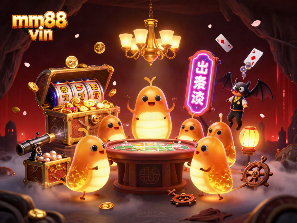 Experience the magic of mm88 vin with vibrant glowworms lighting a lively casino scene.