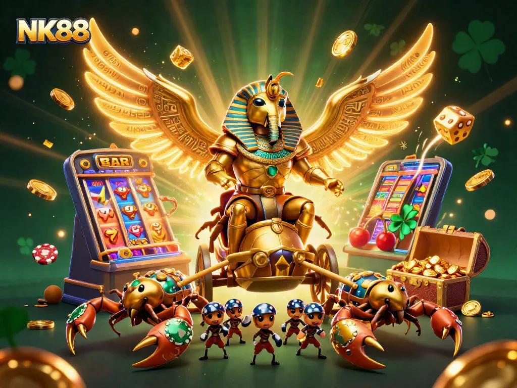 Play thrilling games with NK88 featuring a golden beetle king and jackpot-filled excitement.