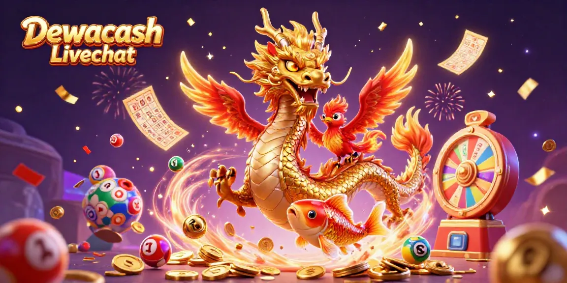 Dewacash Livechat features a vibrant dragon and phoenix dancing amid a cascade of colorful gaming elements.