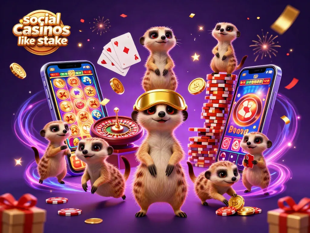 Experience the excitement of social casinos like stake with playful meerkats running a vibrant casino operation.