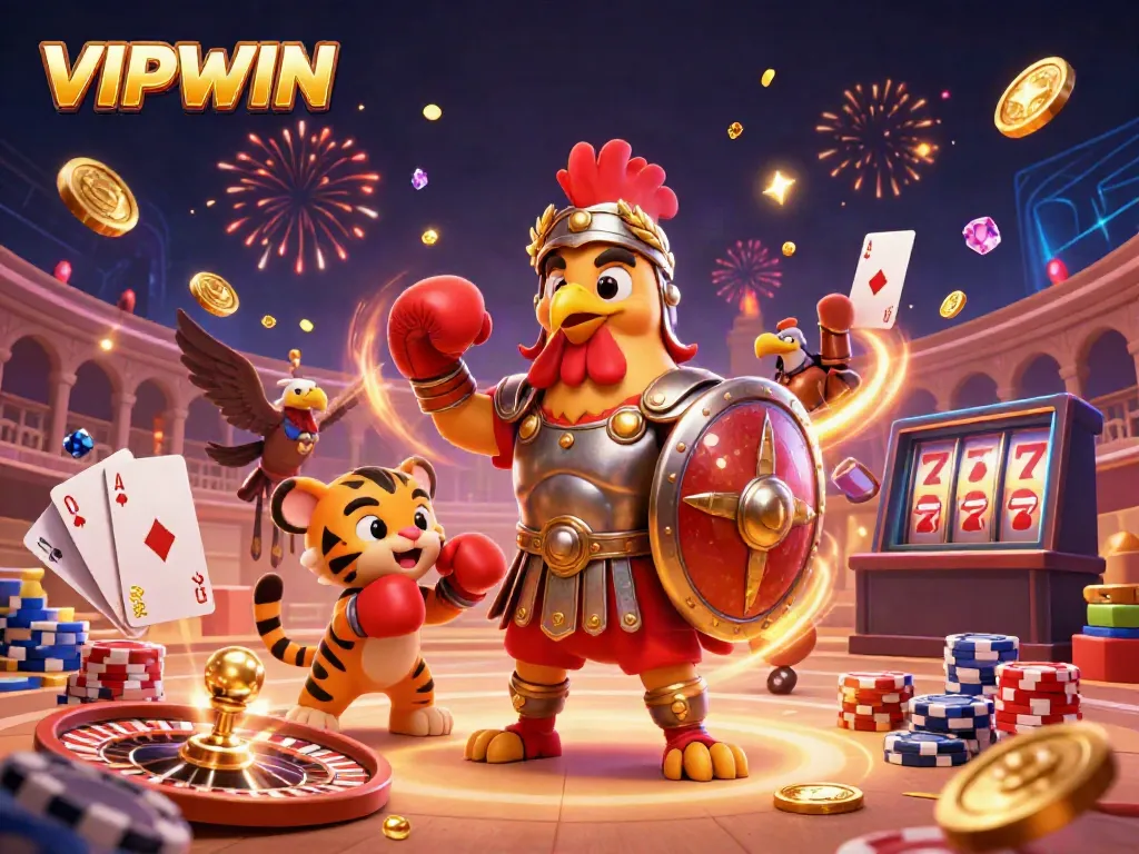 Experience the excitement of VIPWIN with a 3D scene of dynamic characters, gold coins, and spinning roulette.