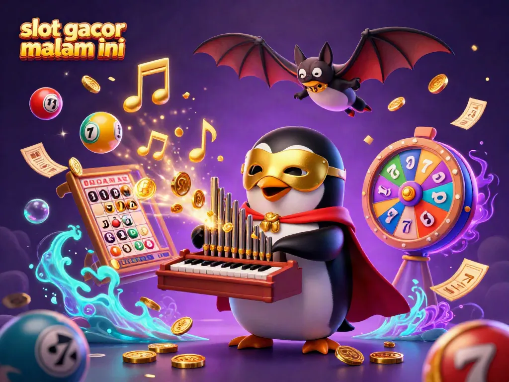 Experience the excitement of slot gacor malam ini with a vibrant 3D illustration featuring a penguin organist and dynamic casino elements.