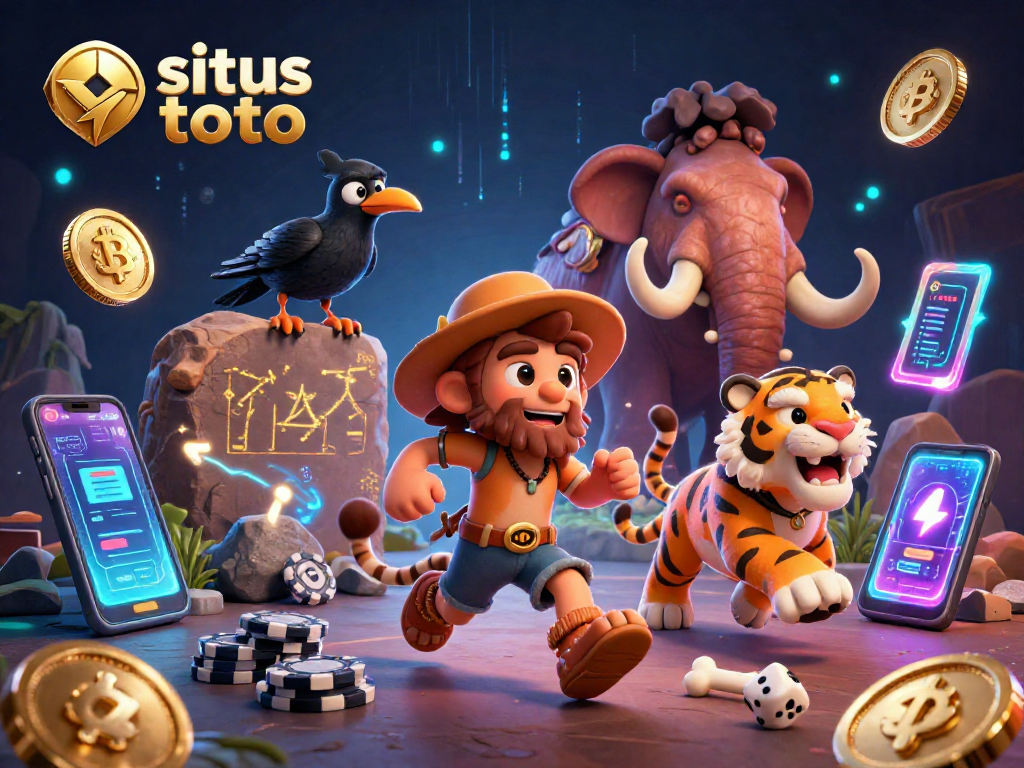 Menggali kesempatan menang di situs toto melalui ilustrasi kasino prasejarah yang ceria.
