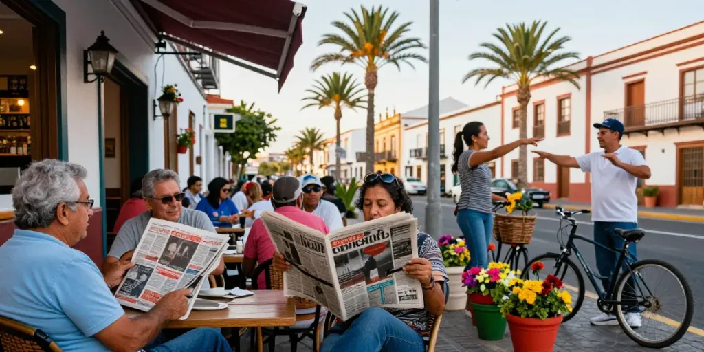 Community gathering in Santa Cruz de Tenerife, reading Tenerife Weekly, reflecting local culture.