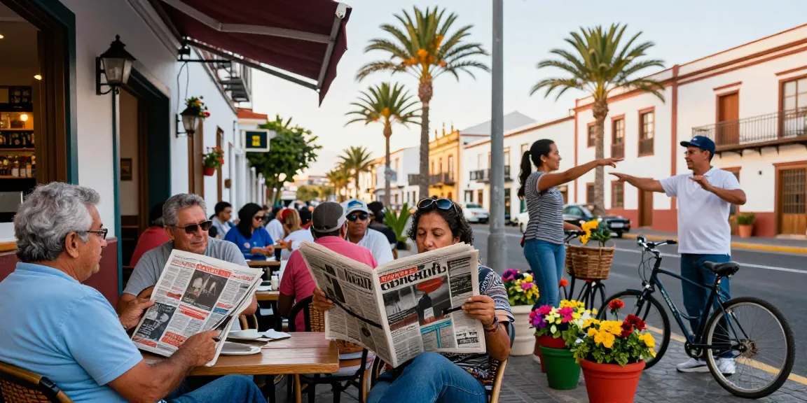 Community gathering in Santa Cruz de Tenerife, reading Tenerife Weekly, reflecting local culture.