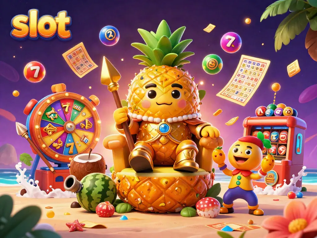 Slot yang seru dengan karakter raja nanas dan elemen permainan kasino berwarna-warni.