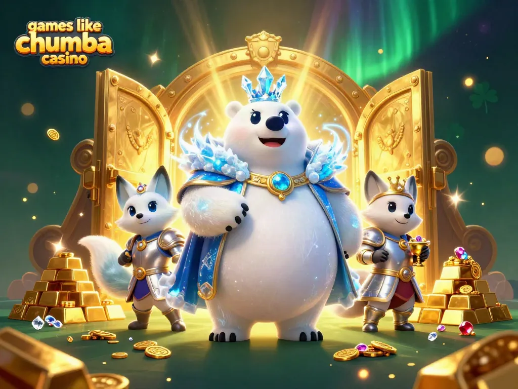 Play thrilling games like Chumba Casino in this vibrant fantasy scene with gold and treasures.