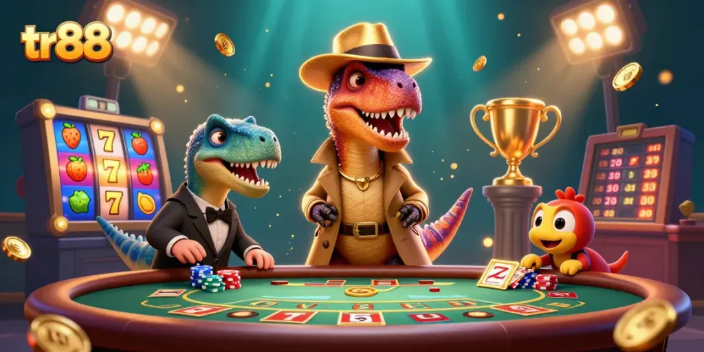 Engage with the thrilling casino scene featuring tr88's card counter velociraptor hidden at a blackjack table.