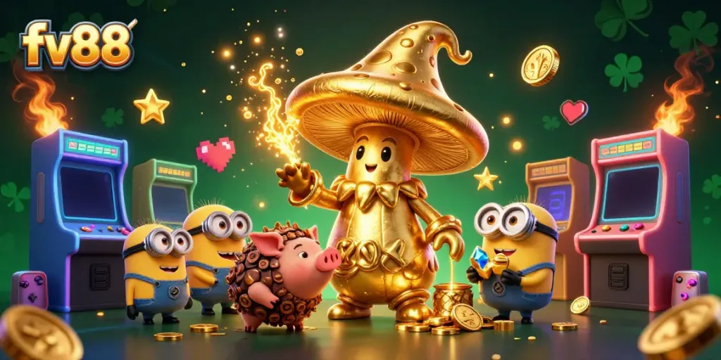 Engage in the thrilling world of fv88 with a vibrant 3D illustration showcasing a magical golden mushroom wizard, treasure, and gaming elements.