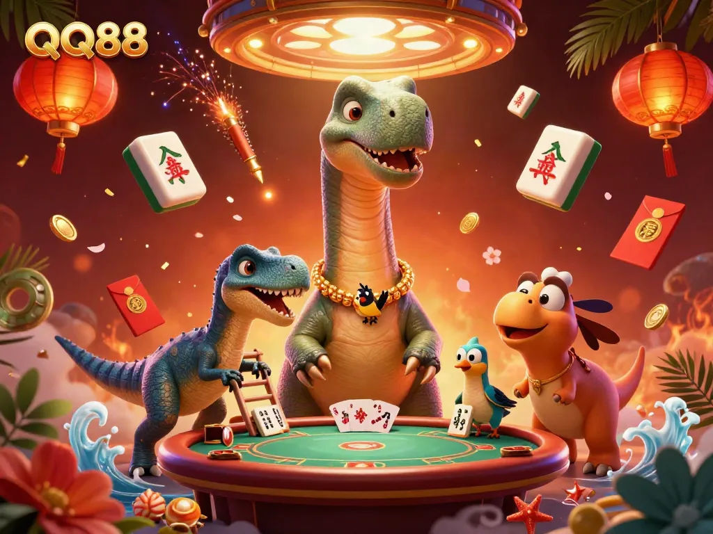 Experience thrilling moments at QQ88 with a towering brontosaurus enjoying poker in a festive casino.