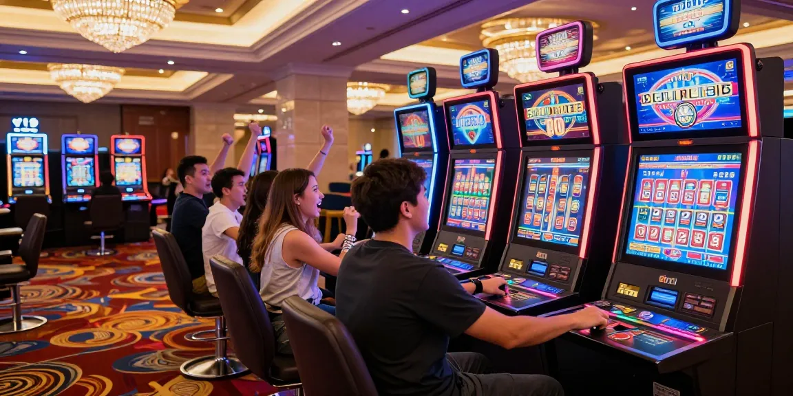 Excited players enjoying a slot machine game in a modern casino atmosphere.