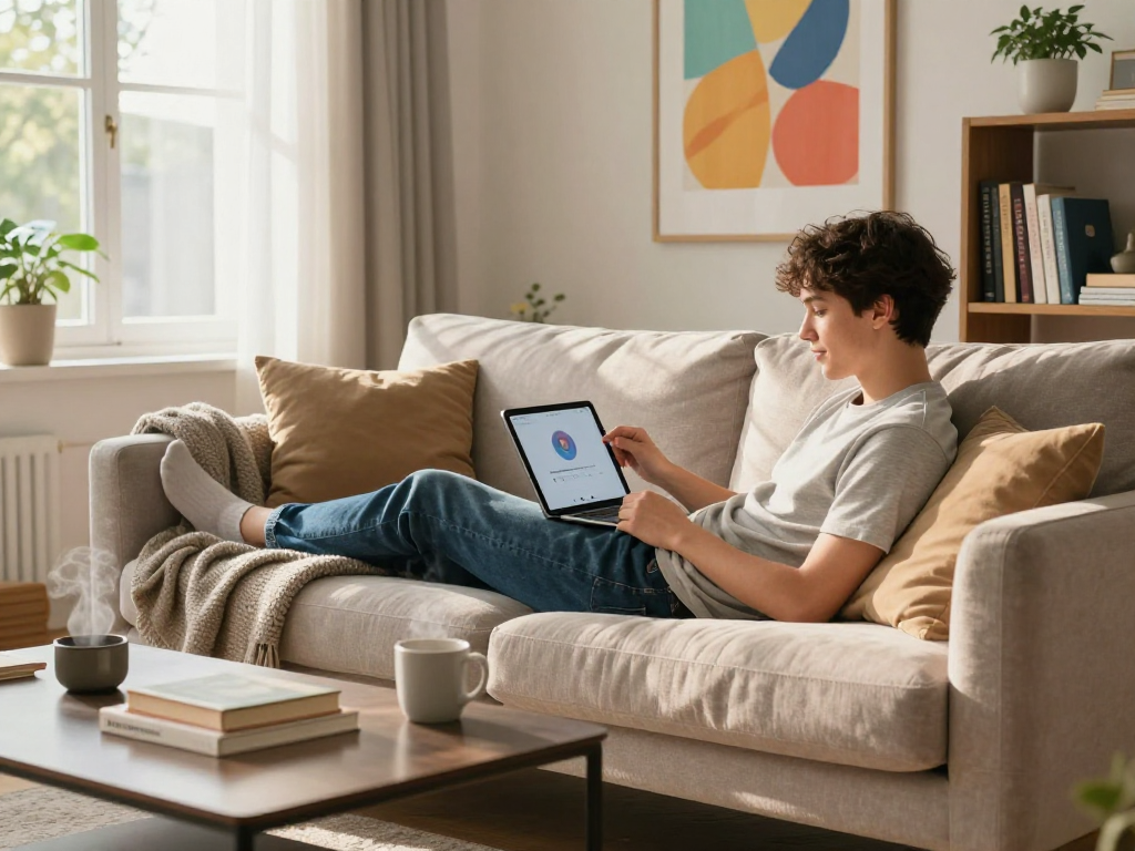 Engaging in ai chat nsfw on a tablet in a stylish living room.