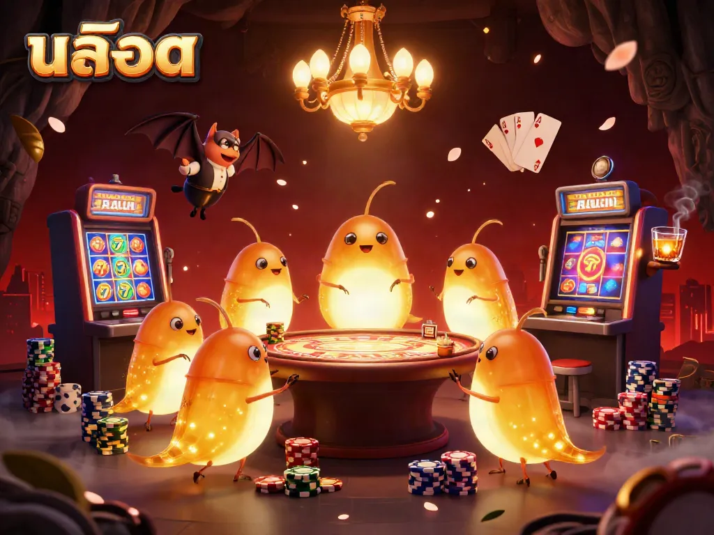 Experience the excitement of สล็อต games with animated glowworms lighting up a vibrant cave casino.