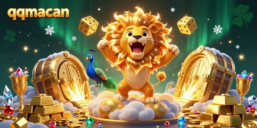 Experience the thrill of gambling with QQMacan's vibrant casino illustration featuring a roaring lion and golden treasures.
