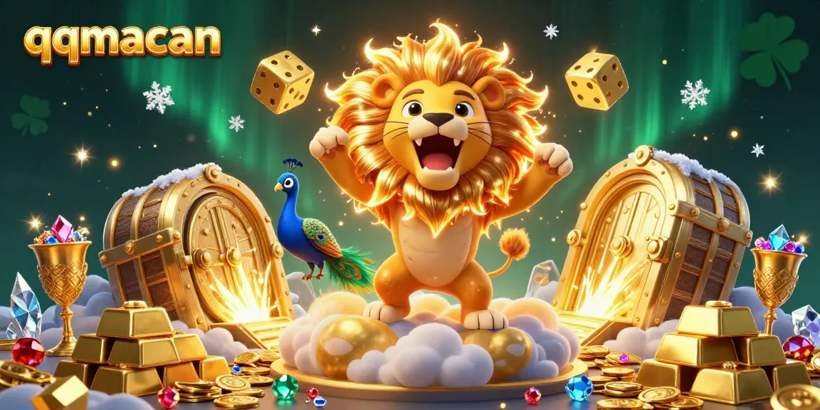 Experience the thrill of gambling with QQMacan's vibrant casino illustration featuring a roaring lion and golden treasures.
