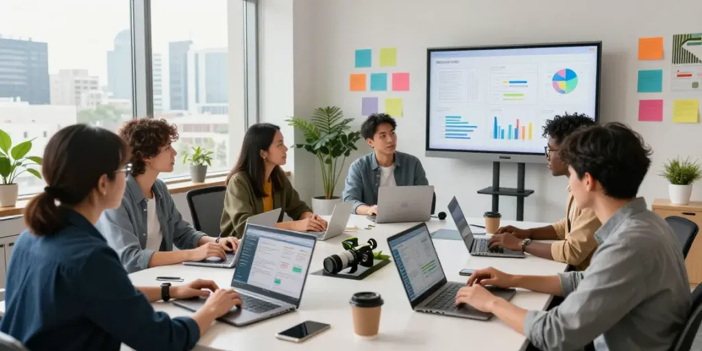 DEWI19, tim profesional berkolaborasi dengan data analitik dan suasana kantor modern.