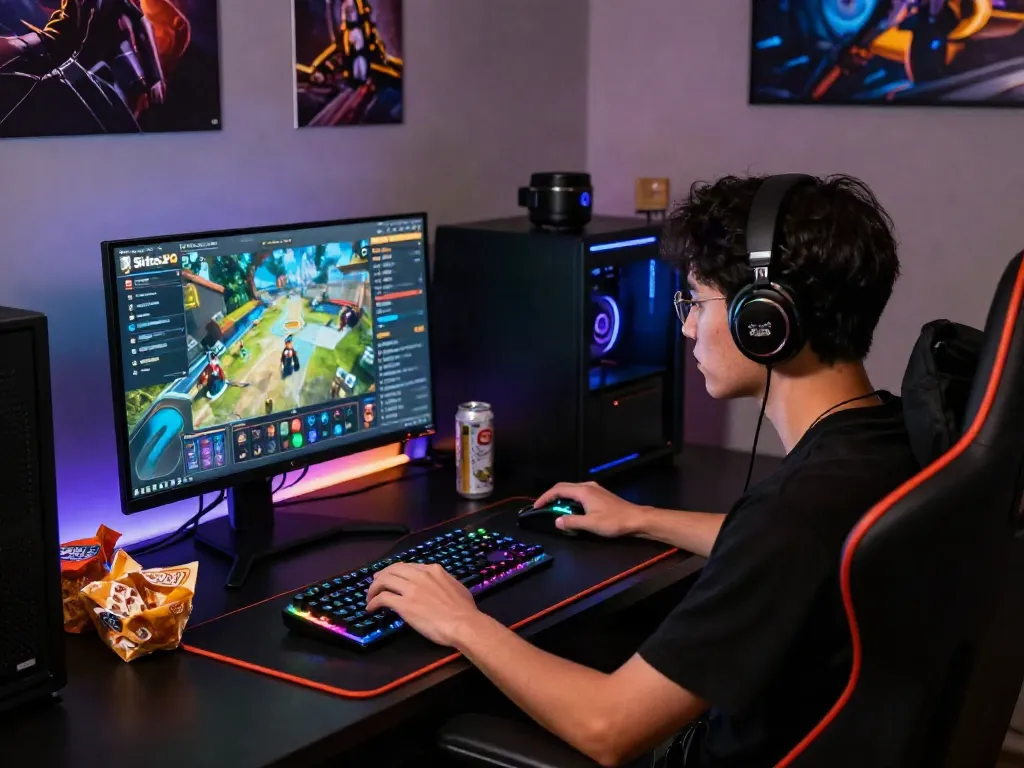 Pemain Situs PG dengan setup gaming yang menarik dan ergonomis, dikelilingi poster dan gear menarik.