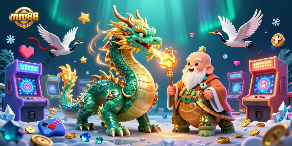 Experience vibrant casino action with mm88's 3D dragon, lucky turtles, and cranes in a colorful slot adventure.