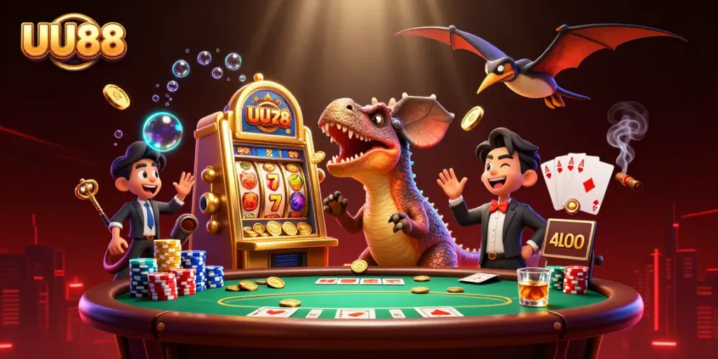 UU88 casino scene with dinosaurs celebrating jackpot wins and vibrant game elements