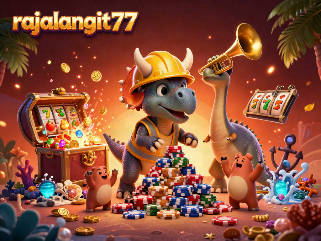 Merayakan kemenangan dengan kemeriahan rajalangit77, triceratops membangun tumpukan chip poker.