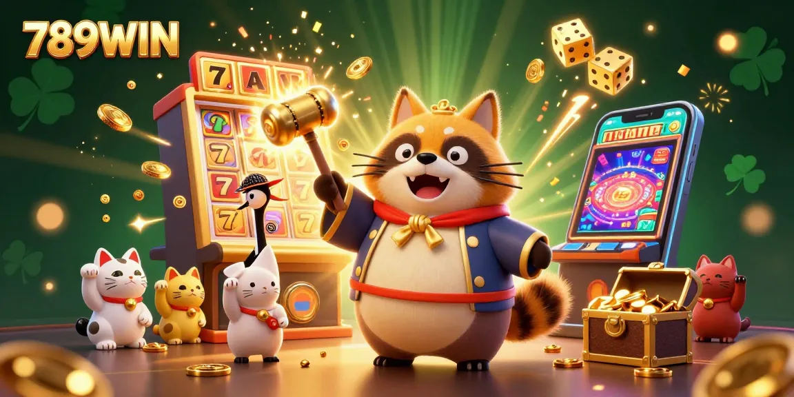 Experience the thrill of 789WIN in a vibrant 3D casino setting filled with lucky symbols and characters.